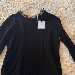 Sioni Black Top with Animal Print Trim